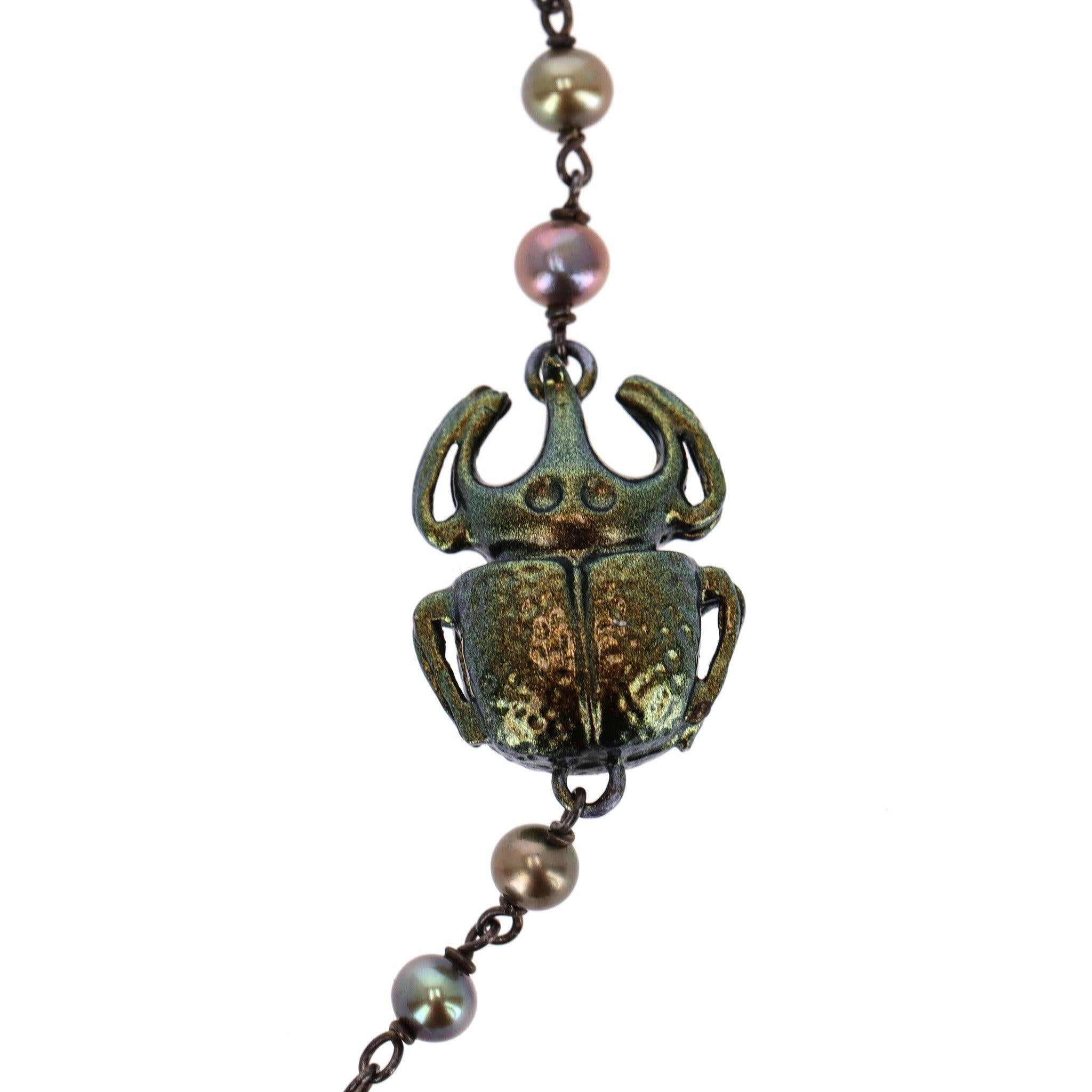 Bottega Veneta Scarab Necklace With Fresh Water Pearls, Oxidized Sterling Silver For Sale 2