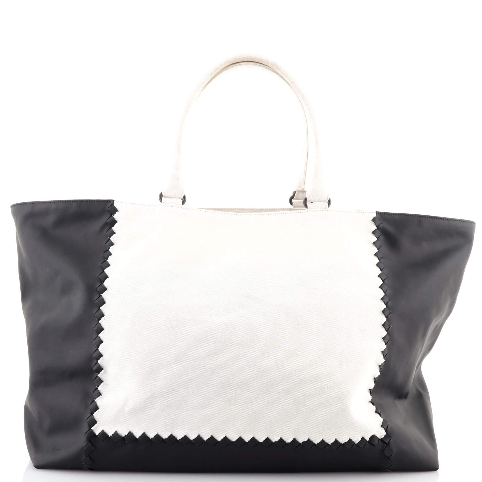 Bottega Veneta Shopper Tote Canvas and Coated Canvas with Intrecciato Detail In Good Condition In NY, NY