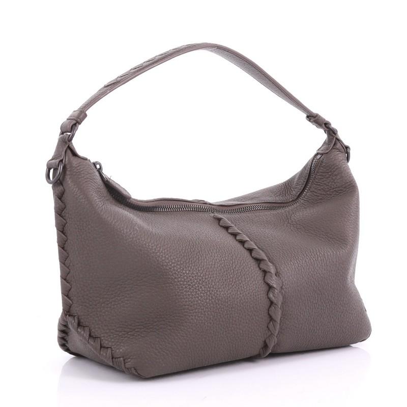 Gray Bottega Veneta Shoulder Bag Cervo Leather with Intrecciato Detail Medium