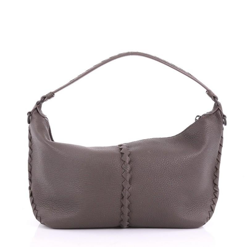Gray Bottega Veneta Shoulder Bag Cervo Leather with Intrecciato Detail Medium