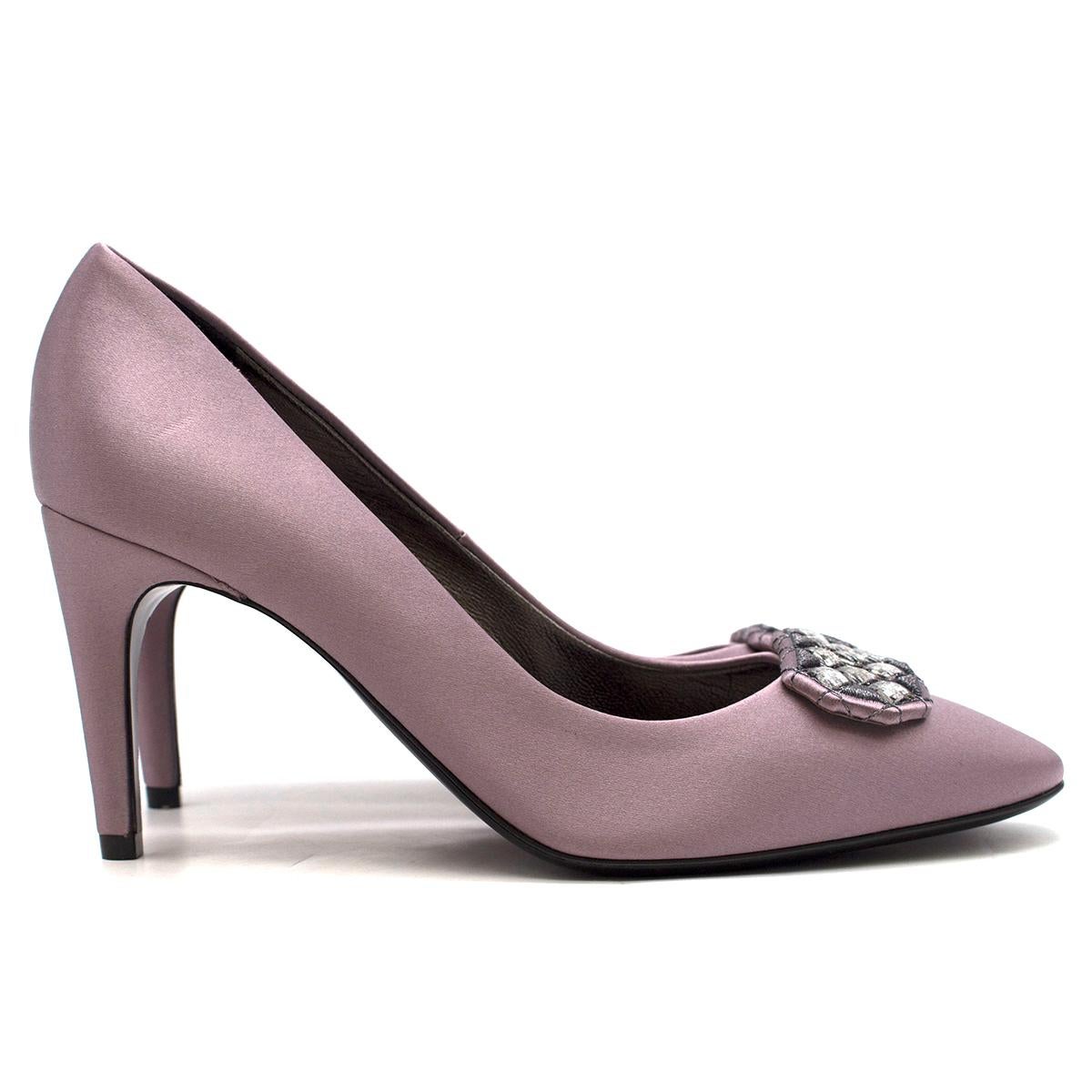 Bottega Veneta Silk Purple Crystal Embellished Pumps

- Silk purple pumps
- Stiletto heel
- Crystal embellishment to the front
- Almond toe
- Silver tone leather insole 
- Black leather sole

This item comes with the original dust bags.

Please