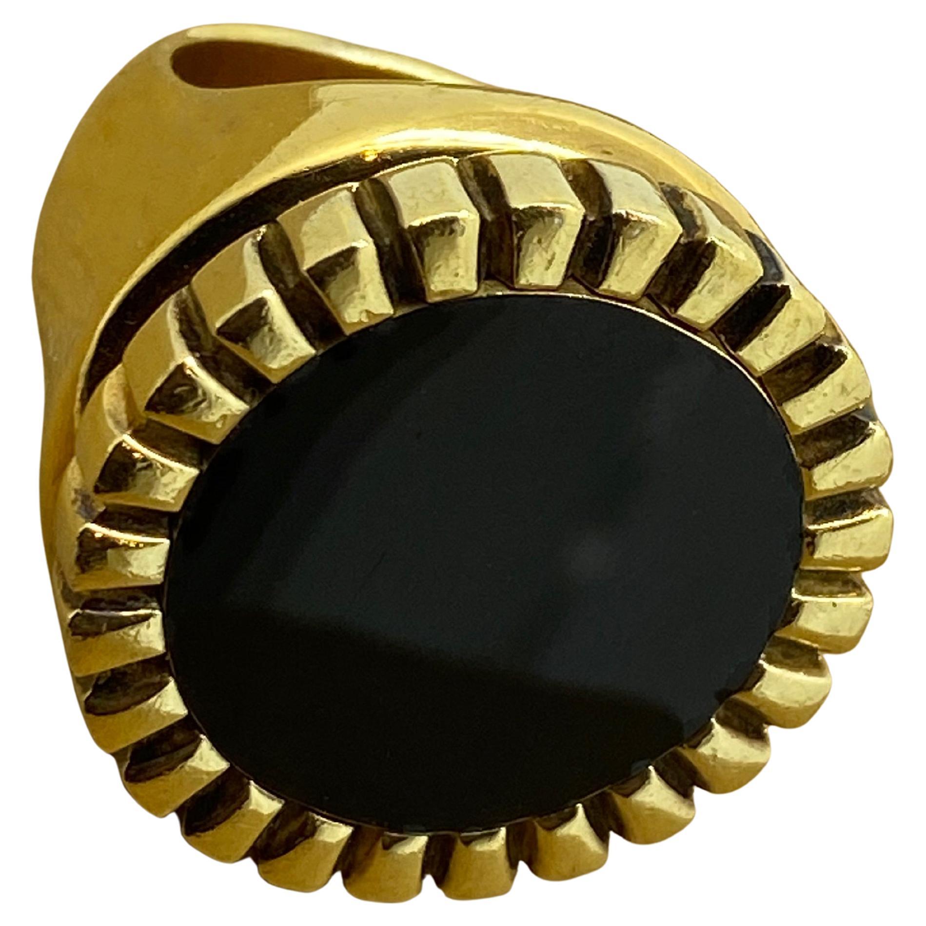 Bottega Veneta Silber-vergoldeter Siegelring mit schwarzer Emaille, Unisex, hergestellt in Italien.