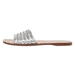 Bottega Veneta Silver Intrecciato Leather Flat Slides Size 39