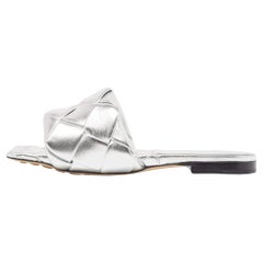 Bottega Veneta Silver Intrecciato Leather Lido Flat Slides Size 38