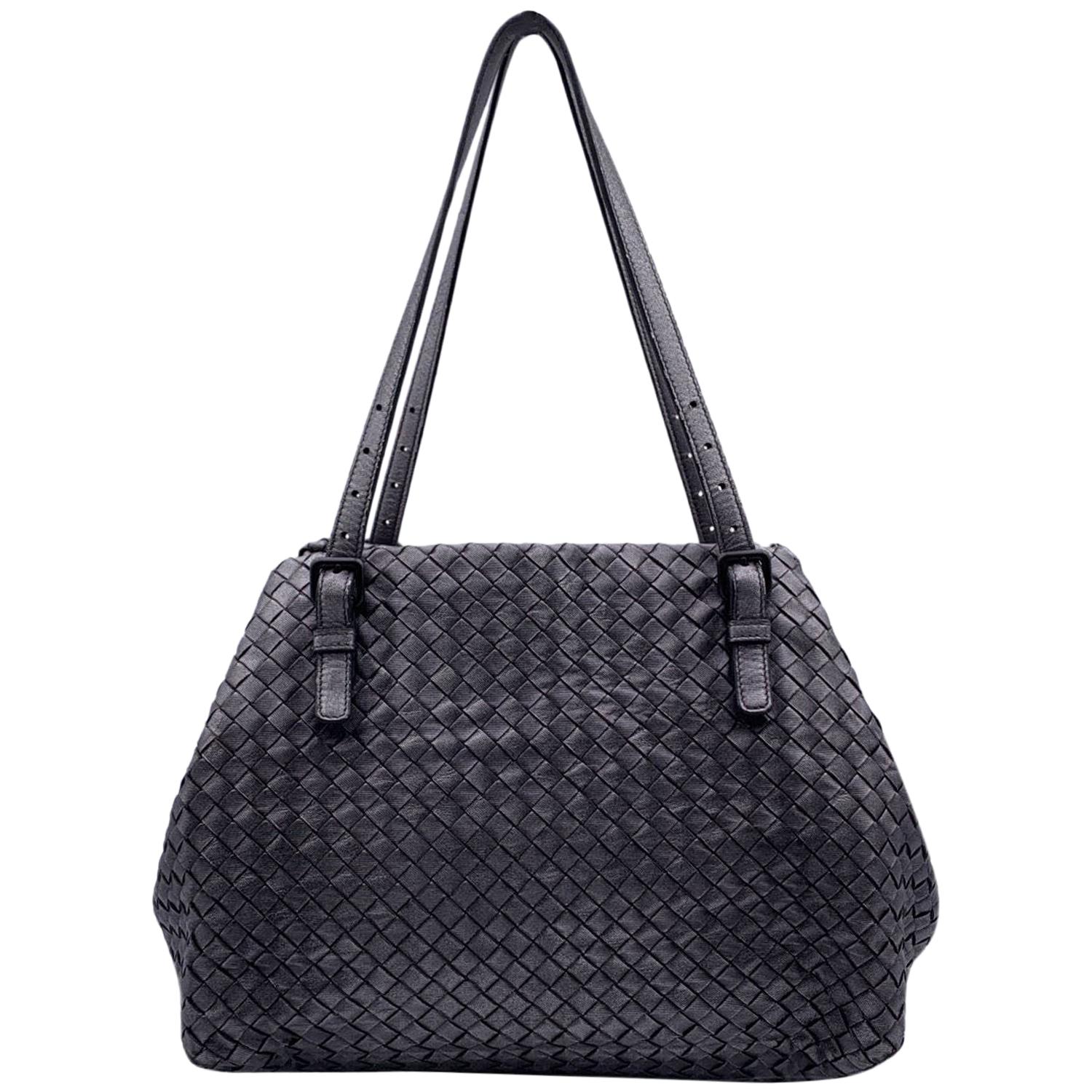 Bottega Veneta Silver Intrecciato Woven Leather Tote Shoulder Bag