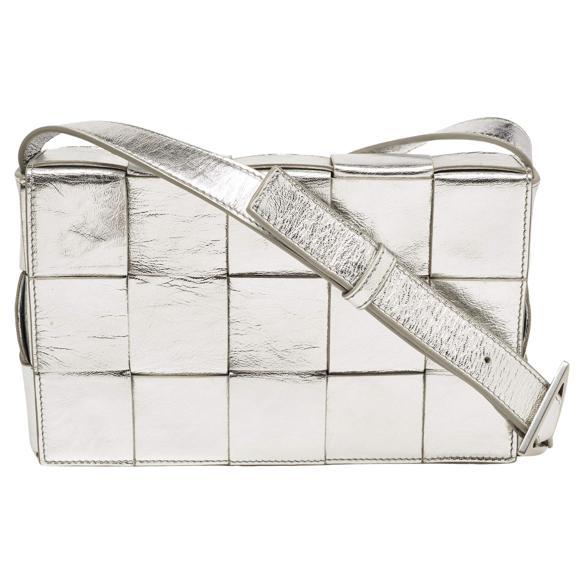 Bottega Veneta Silver Intreccio Leather Cassette Shoulder Bag For Sale