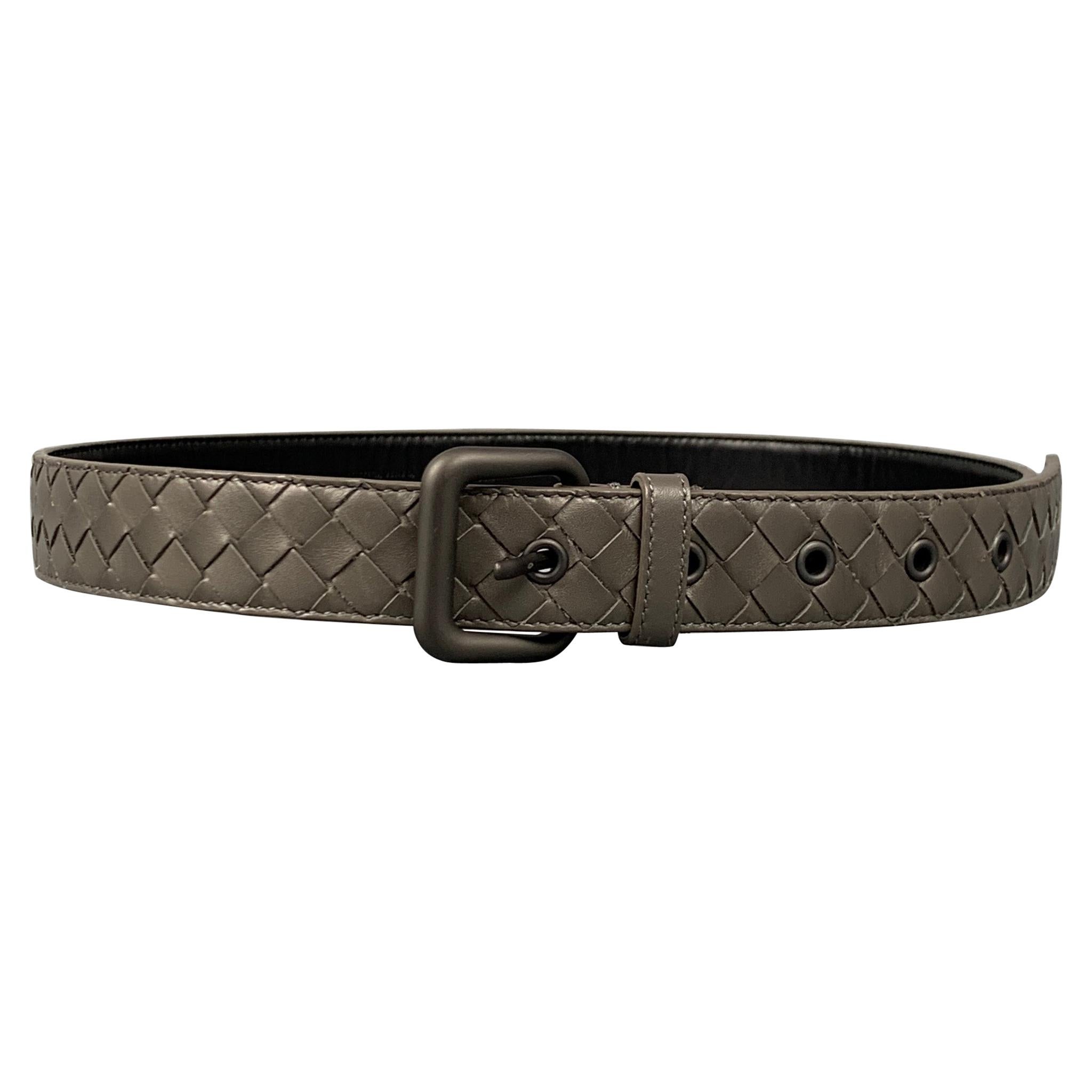 BOTTEGA VENETA Size 34 Grey Woven Leather Monochromatic Buckle Belt