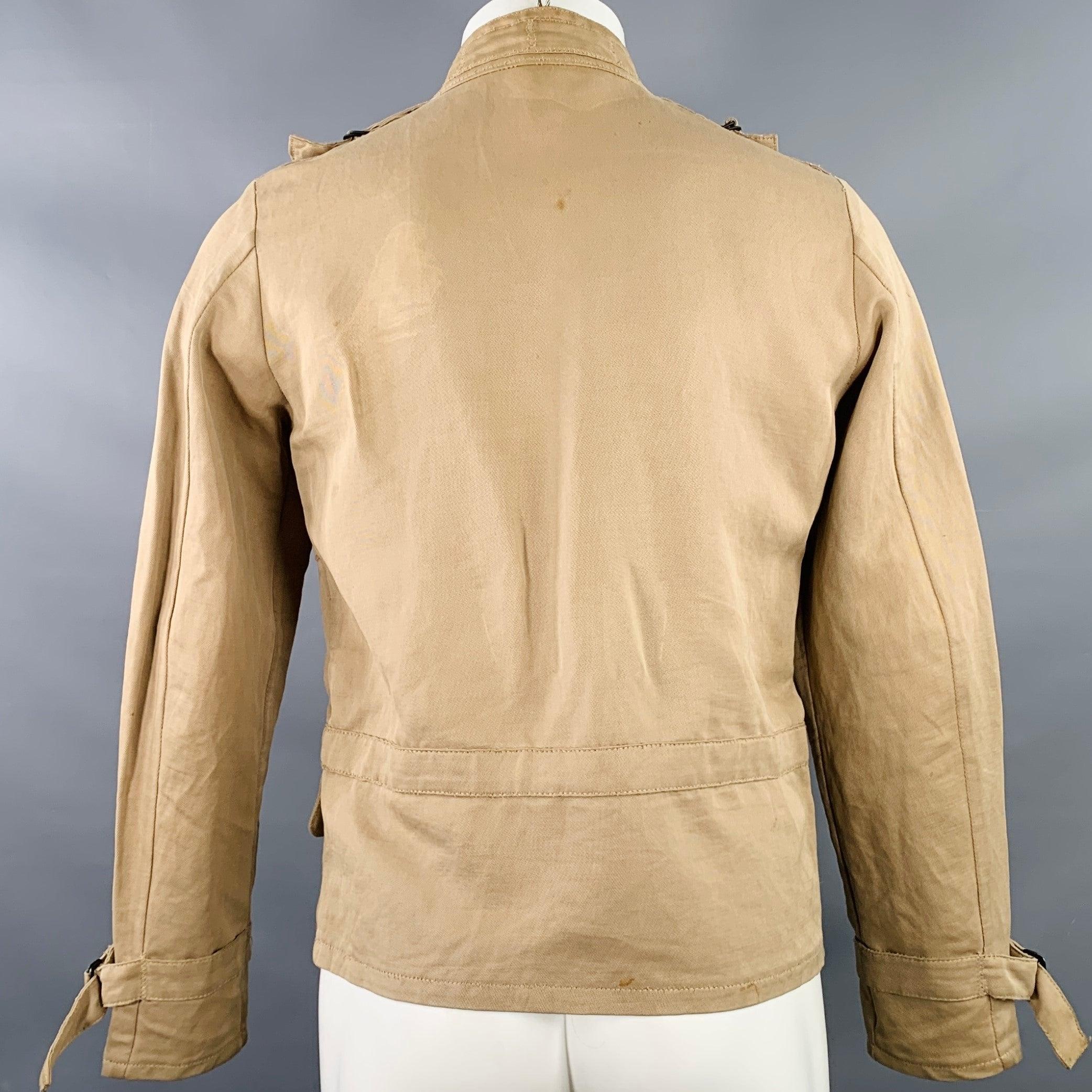 Beige BOTTEGA VENETA Size 40 Khaki Linen Cotton Twill Buckles Zip Up Bondage Jacket For Sale
