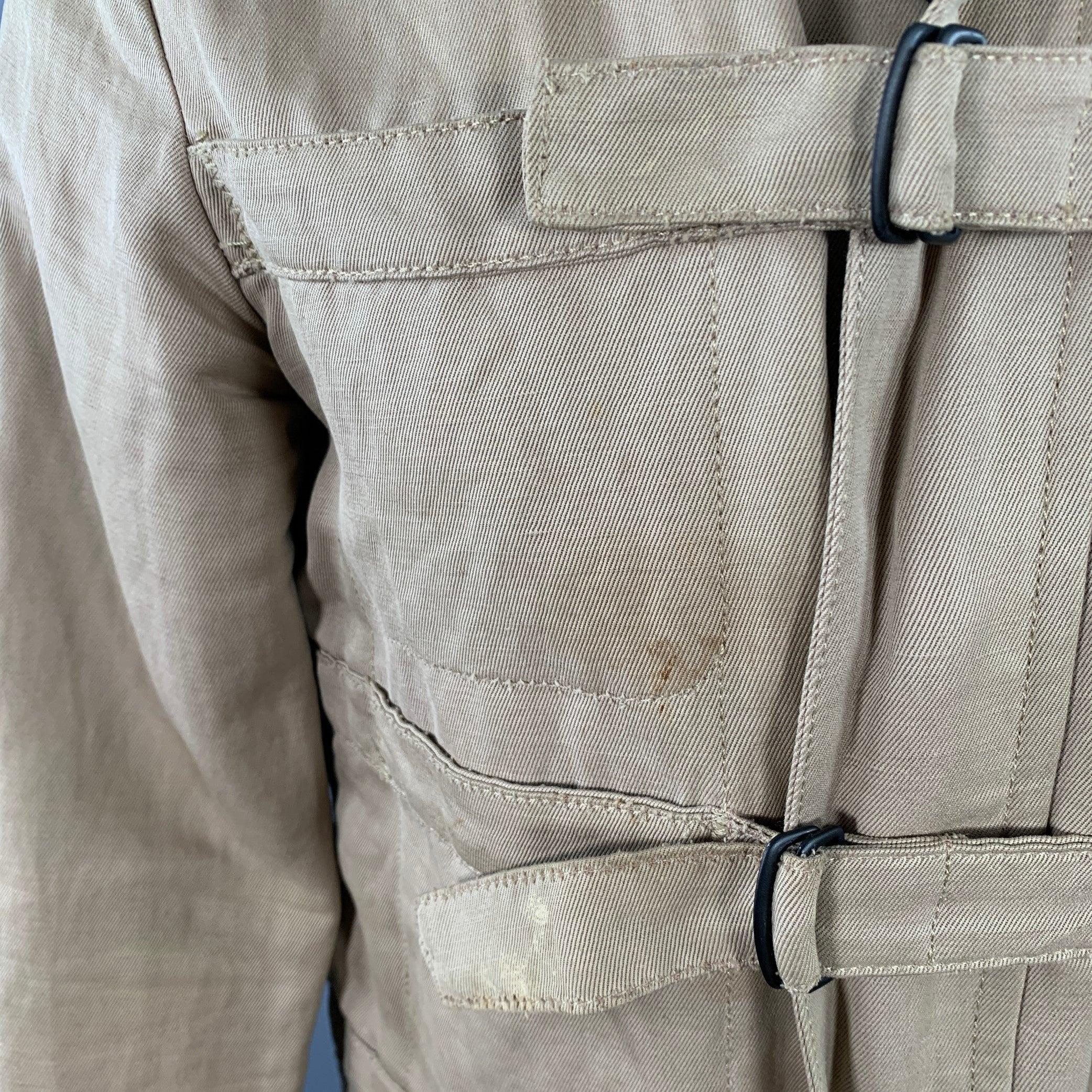 BOTTEGA VENETA Size 40 Khaki Linen Cotton Twill Buckles Zip Up Bondage Jacket For Sale 1