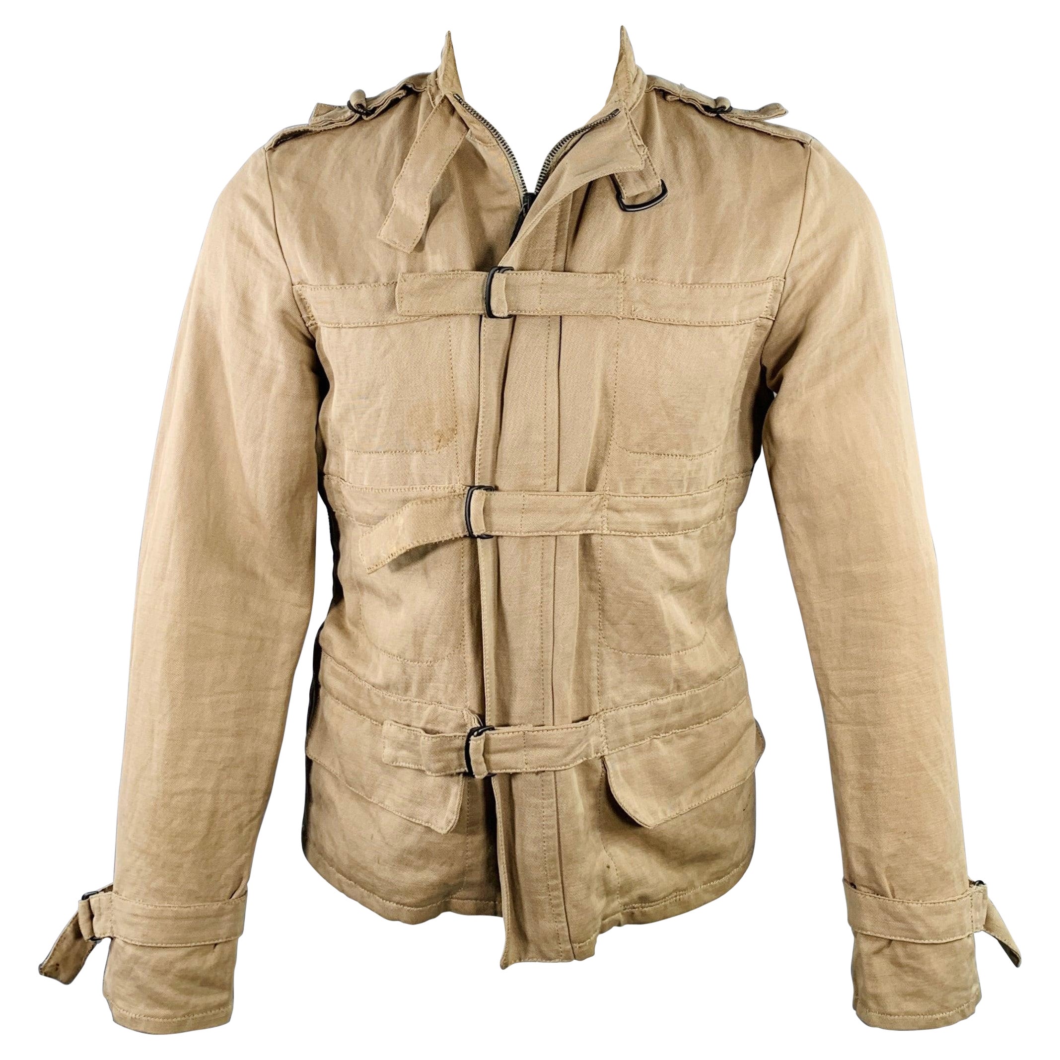 BOTTEGA VENETA Größe 40 Khaki Leinen Baumwolle Twill Schnallen Zip Up Bondage Jacke