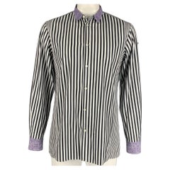 BOTTEGA VENETA Size 42 White Black Purple Stripe Cotton Long Sleeve Shirt