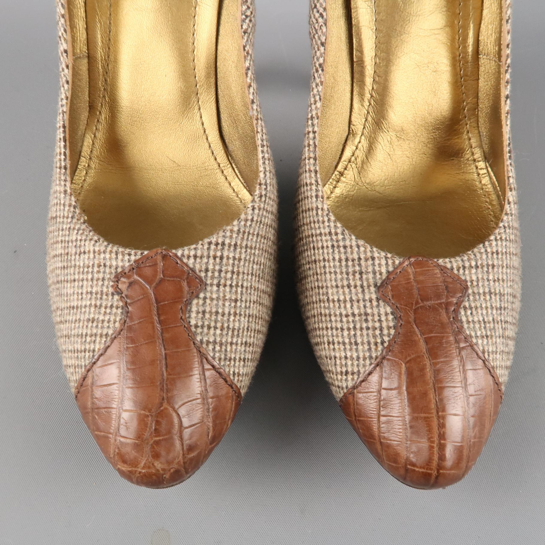 BOTTEGA VENETA Size 6.5 Brown Houndstooth Fabric & Alligator Leather Pumps In New Condition In San Francisco, CA