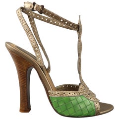 BOTTEGA VENETA Size 7 Silver Brogue T Strap Green Woven Leather Sandals