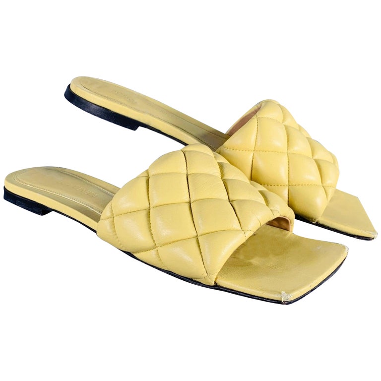 BOTTEGA VENETA Size Yellow Leather Quilted Slide Sandals For