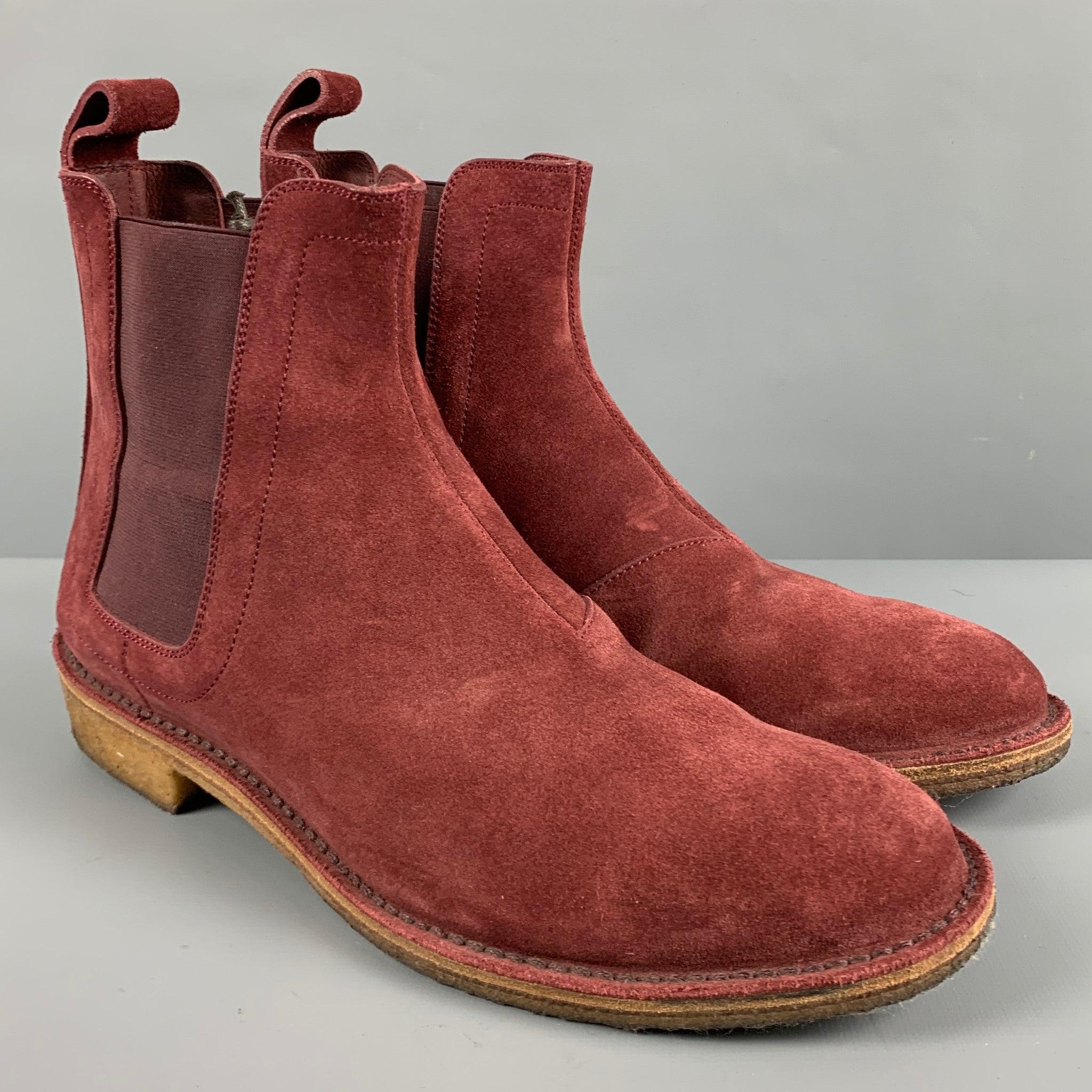 BOTTEGA VENETA boots
in a burgundy suede featuring a Chelsea style with elastic panels. Comes with dust bag. Made in Italy. Very Good Pre-Owned Condition. Minor signs of wear. 

Marked:   40.5 

Measurements: 
  Length: 11.5 inches Width: 4 inches