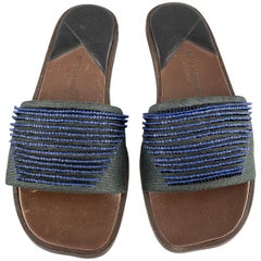 Vintage BOTTEGA VENETA Size 7.5 Navy Blue Black Beaded Canvas Strap Brown Leather Sandal
