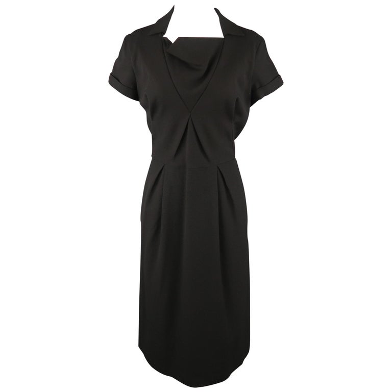 BOTTEGA VENETA Size 8 Black Virgin Wool Collared Oragami Shift Dress at ...