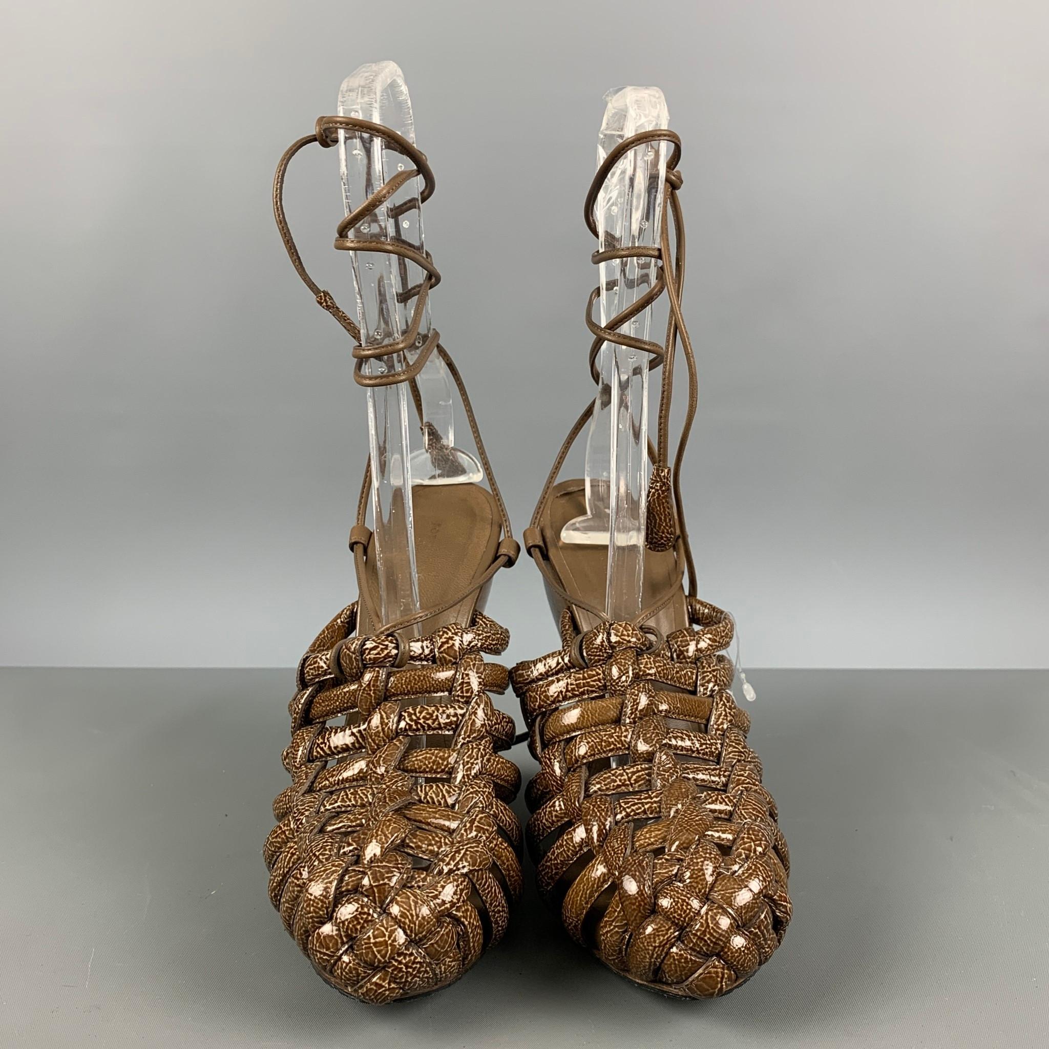 BOTTEGA VENETA Size 8.5 Brown Olive Woven Patent Leather Wedge Sandals 1