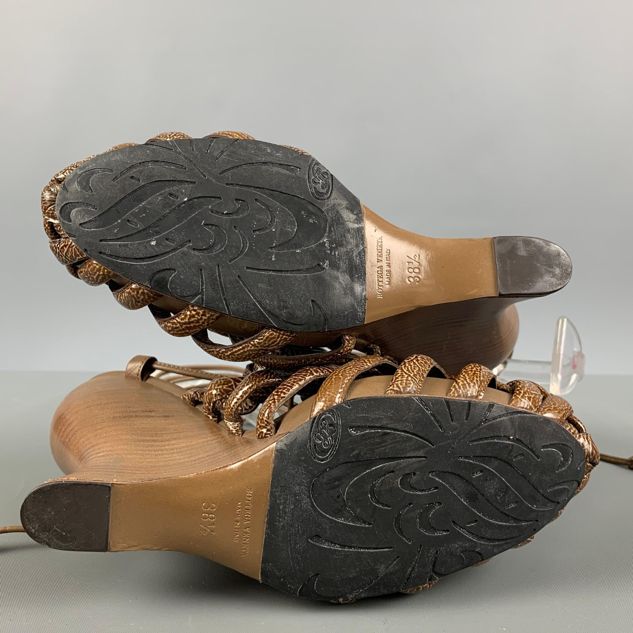 BOTTEGA VENETA Size 8.5 Brown Olive Woven Patent Leather Wedge Sandals 3
