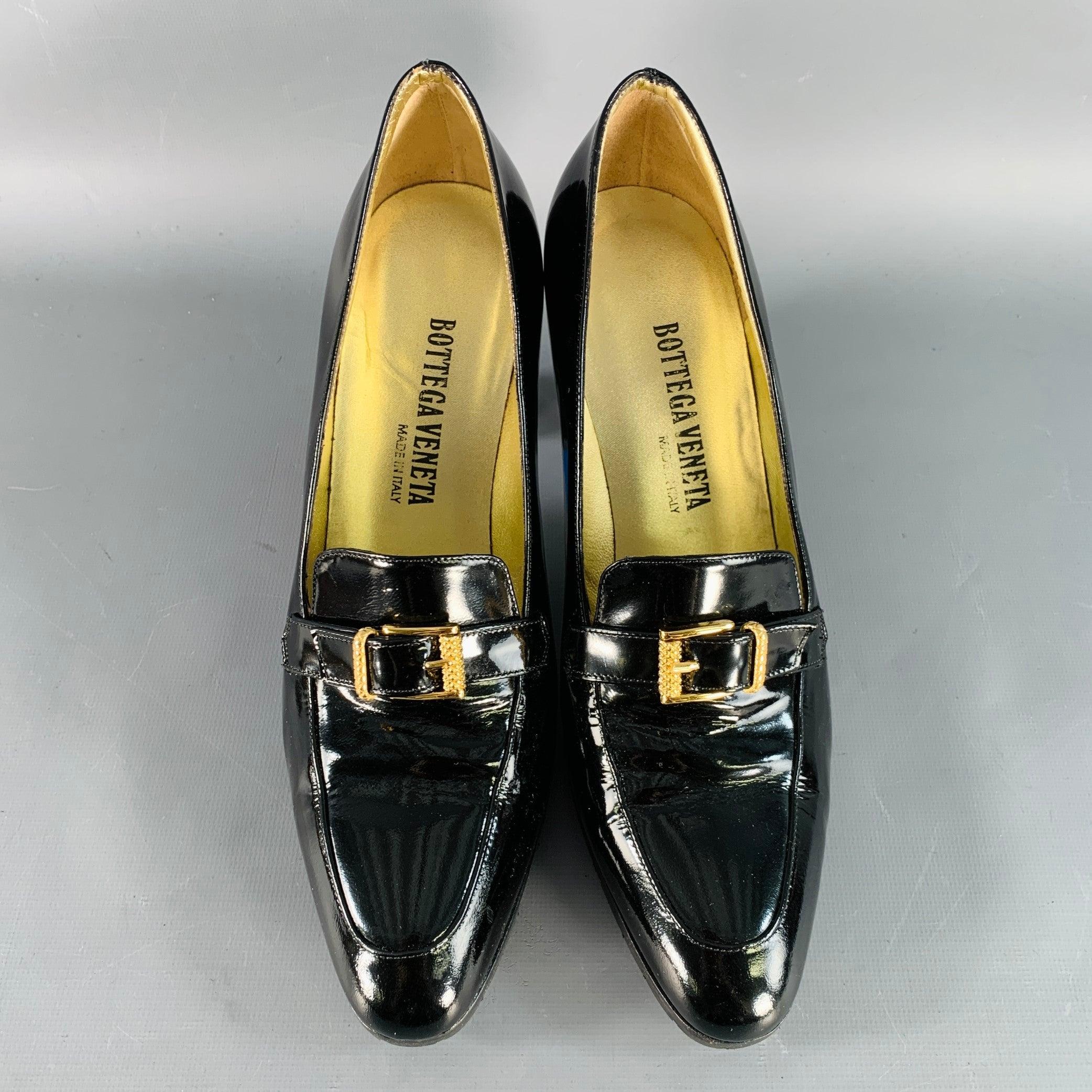 Women's BOTTEGA VENETA Size 9 Black Gold Patent Leather Buckle Pumps For Sale