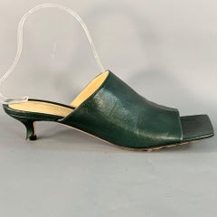 BOTTEGA VENETA Size 9.5 Green Leather Square Toe Kitten Heel Mules Sandals