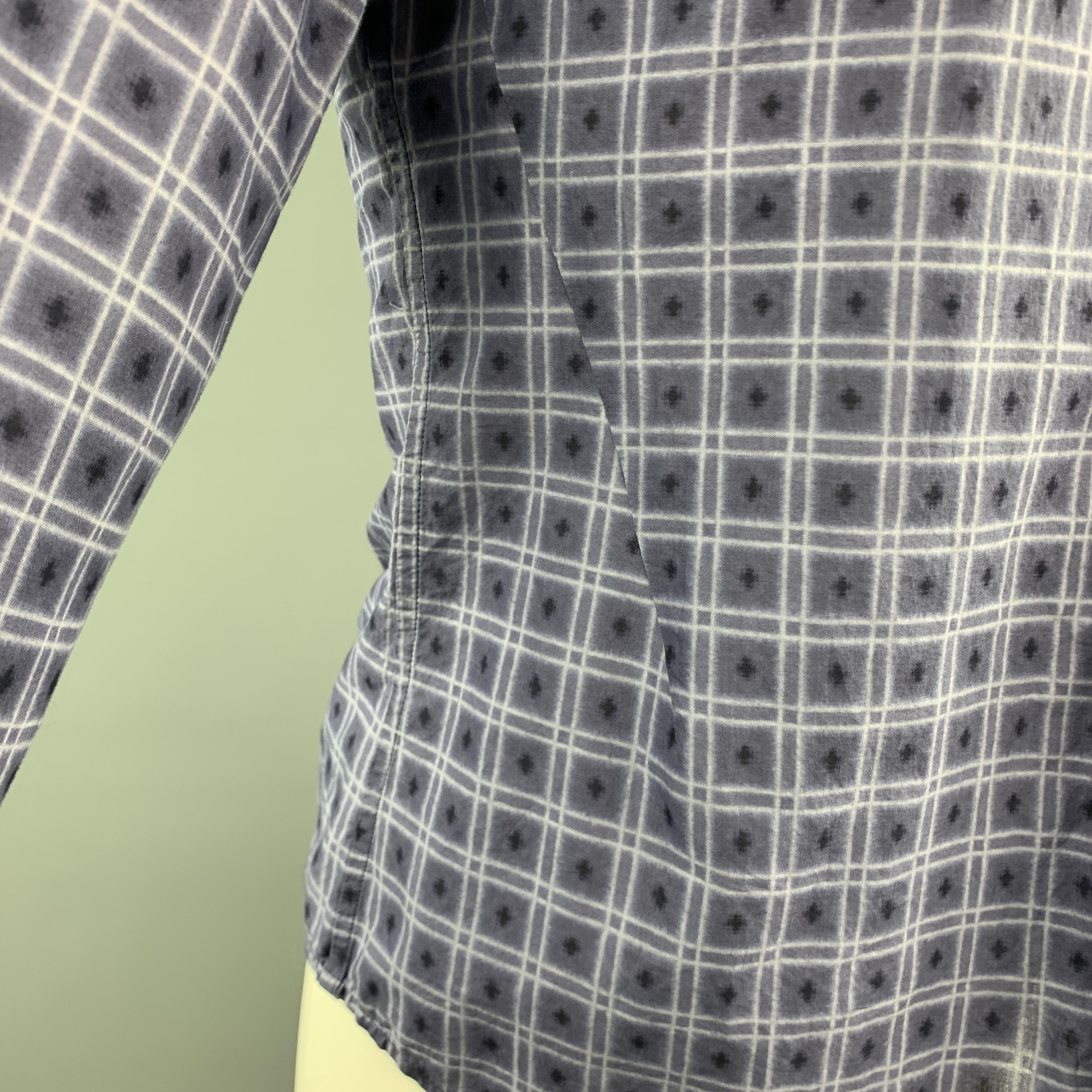 BOTTEGA VENETA Size M Navy Squares Print Cotton Button Up Long Sleeve Shirt In Excellent Condition In San Francisco, CA