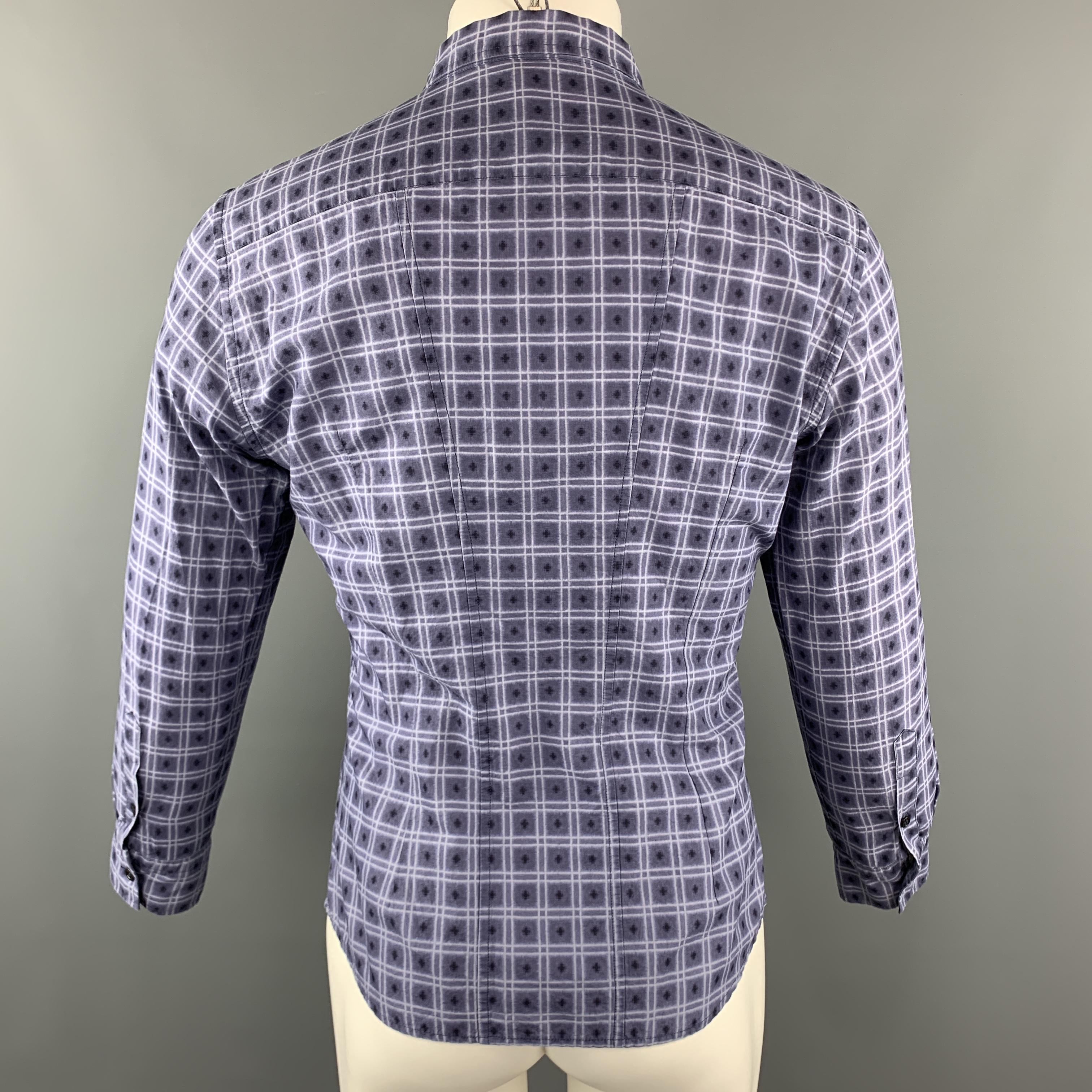 Men's BOTTEGA VENETA Size M Navy Squares Print Cotton Button Up Long Sleeve Shirt