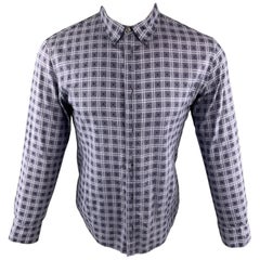 Vintage BOTTEGA VENETA Size M Navy Squares Print Cotton Button Up Long Sleeve Shirt