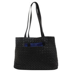 Bottega Veneta Slot Tote Black Intrecciato Leather Blue Suede Interior