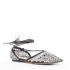 BOTTEGA VENETA Sparkle Stretch leather crystal mesh lace up flat sandals EU38