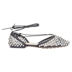 BOTTEGA VENETA Sparkle Stretch leather crystal mesh lace up flat sandals EU38