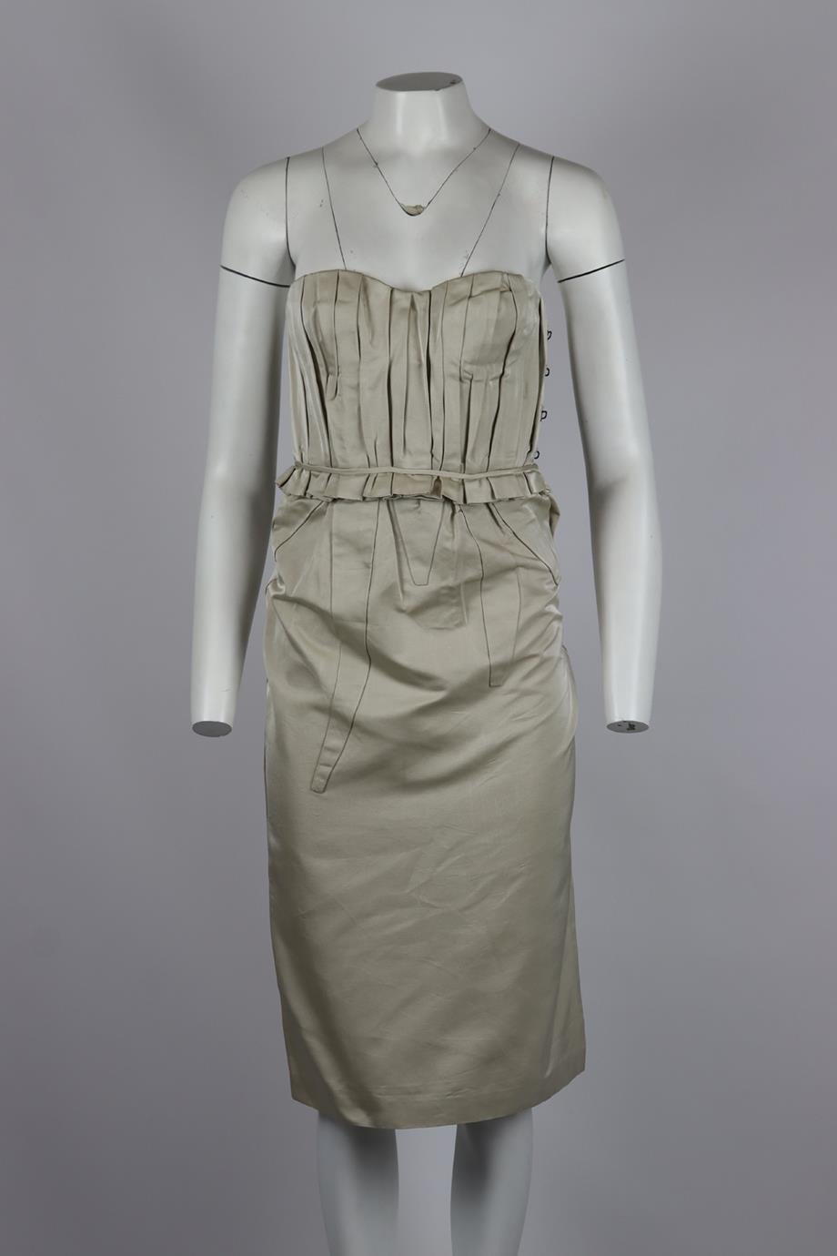 Bottega Veneta strapless ruched cotton and silk blend midi dress. Beige. Sleeveless, bandeau. Hook and eye fastening at side. 60% Cotton, 40% silk; lining: 100% cotton. Size: IT 40 (UK 8, US 4, FR 36). Bust: 28.8 in. Waist: 27.8 in. Hips: 35 in.