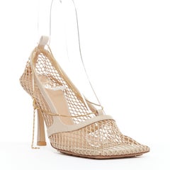 BOTTEGA VENETA Stretch nude leather fishnet square toe chain heels EU37