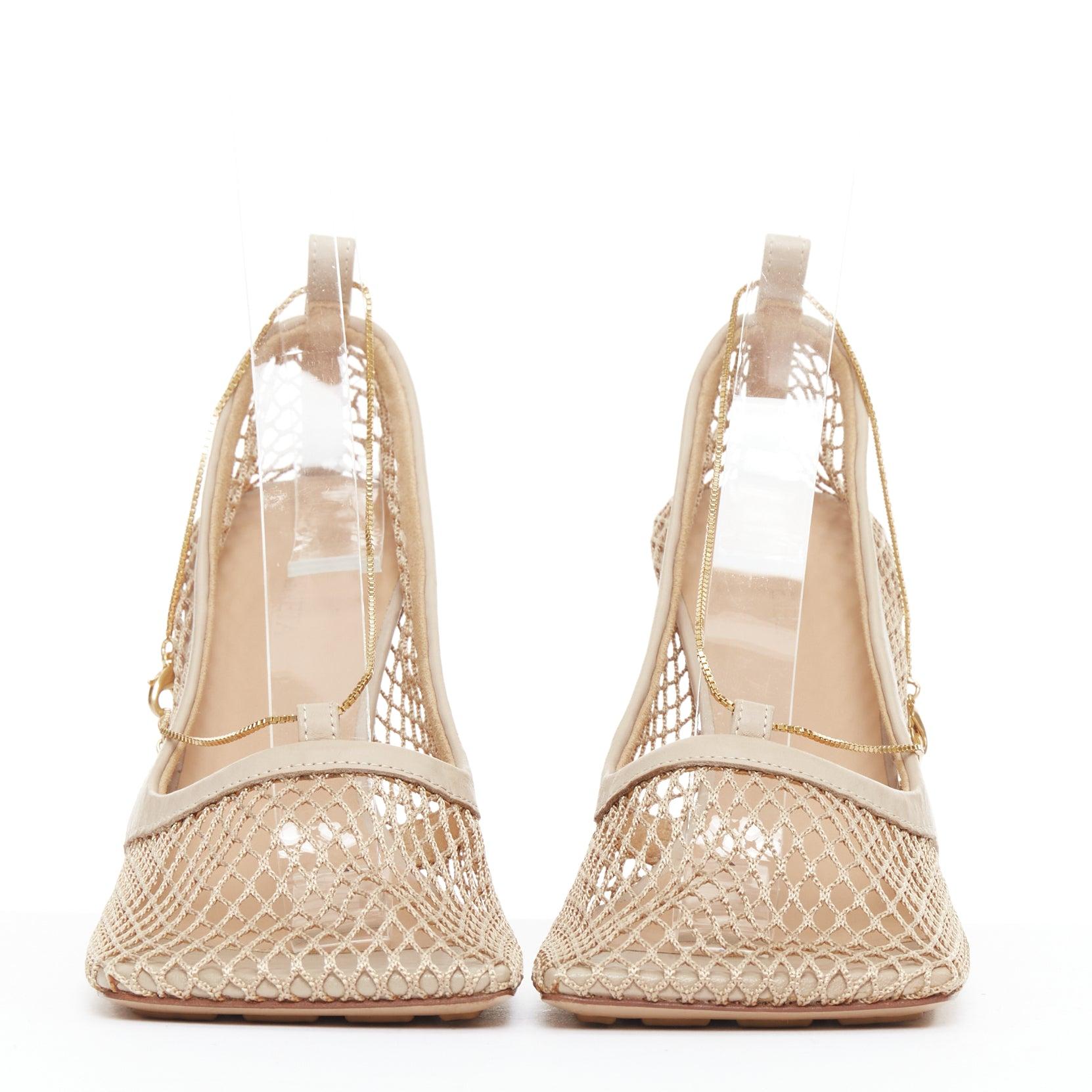 Beige Bottega Veneta Stretch pelle nuda a rete punta quadrata tacchi a catena EU37 in vendita