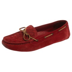Bottega Veneta Suede Red Intrecciato Bow Slip On Loafers Size 39