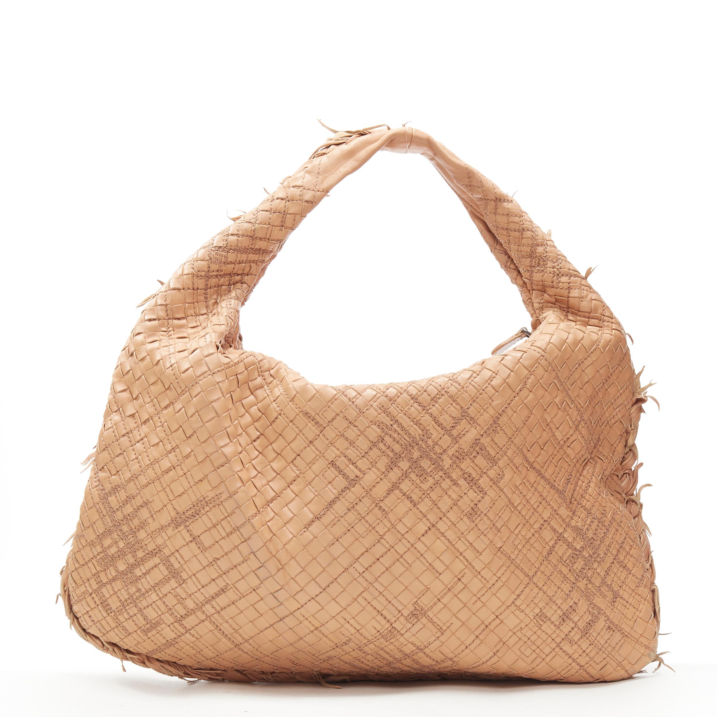 Beige BOTTEGA VENETA tan brown intrecciato woven embroidered frayed hobo bag