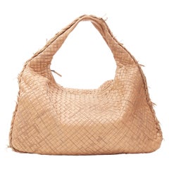 BOTTEGA VENETA tan brown intrecciato woven embroidered frayed hobo bag