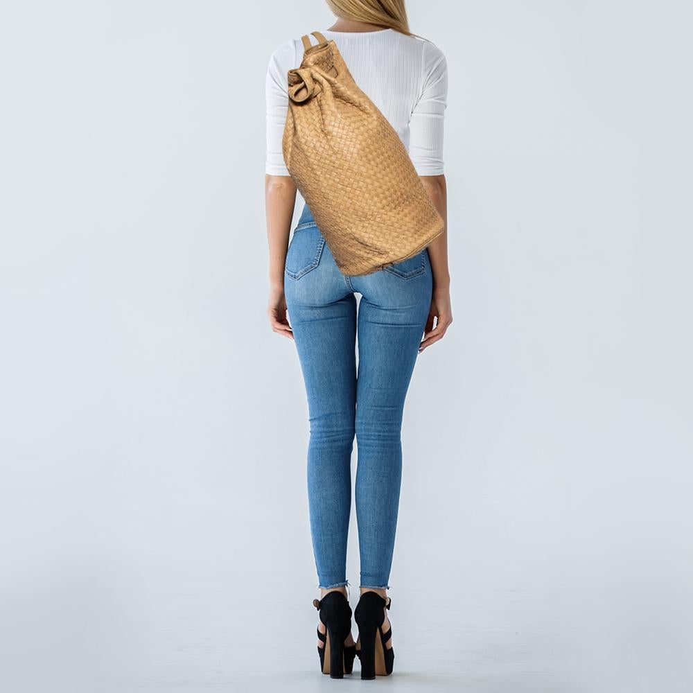 Bottega Veneta Tan Intrecciato Leather Drawstring Sling Backpack 6