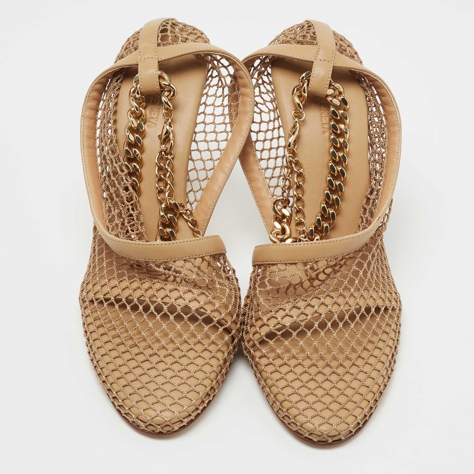 Bottega Veneta Tan Mesh and Leather Ankle Chain D'orsay Pumps Size 40 1