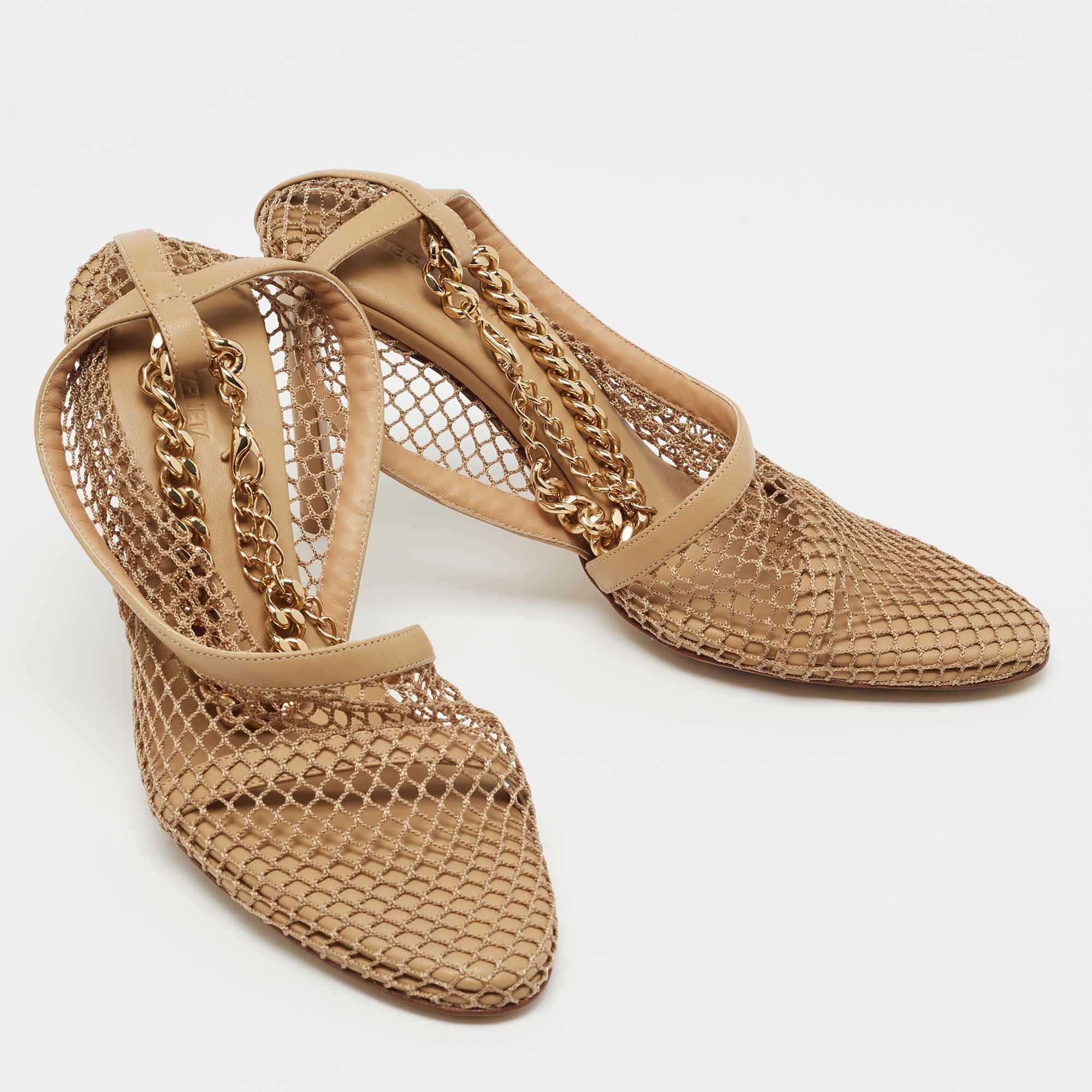 Bottega Veneta Tan Mesh and Leather Ankle Chain D'orsay Pumps Size 40 2