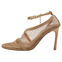 Bottega Veneta Tan Mesh and Leather Ankle Chain D'orsay Pumps Taglia 40