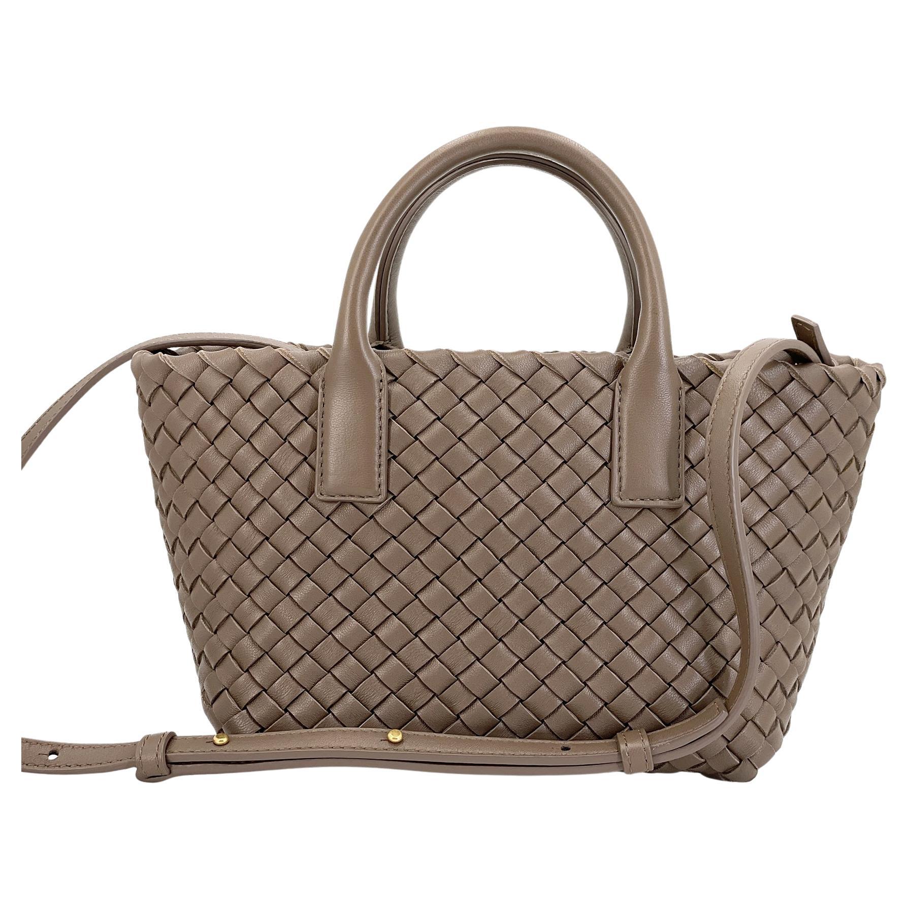 Bottega Veneta Taupe Beige Interciatto Mini Cabat Tote Crossbody Bag 68207