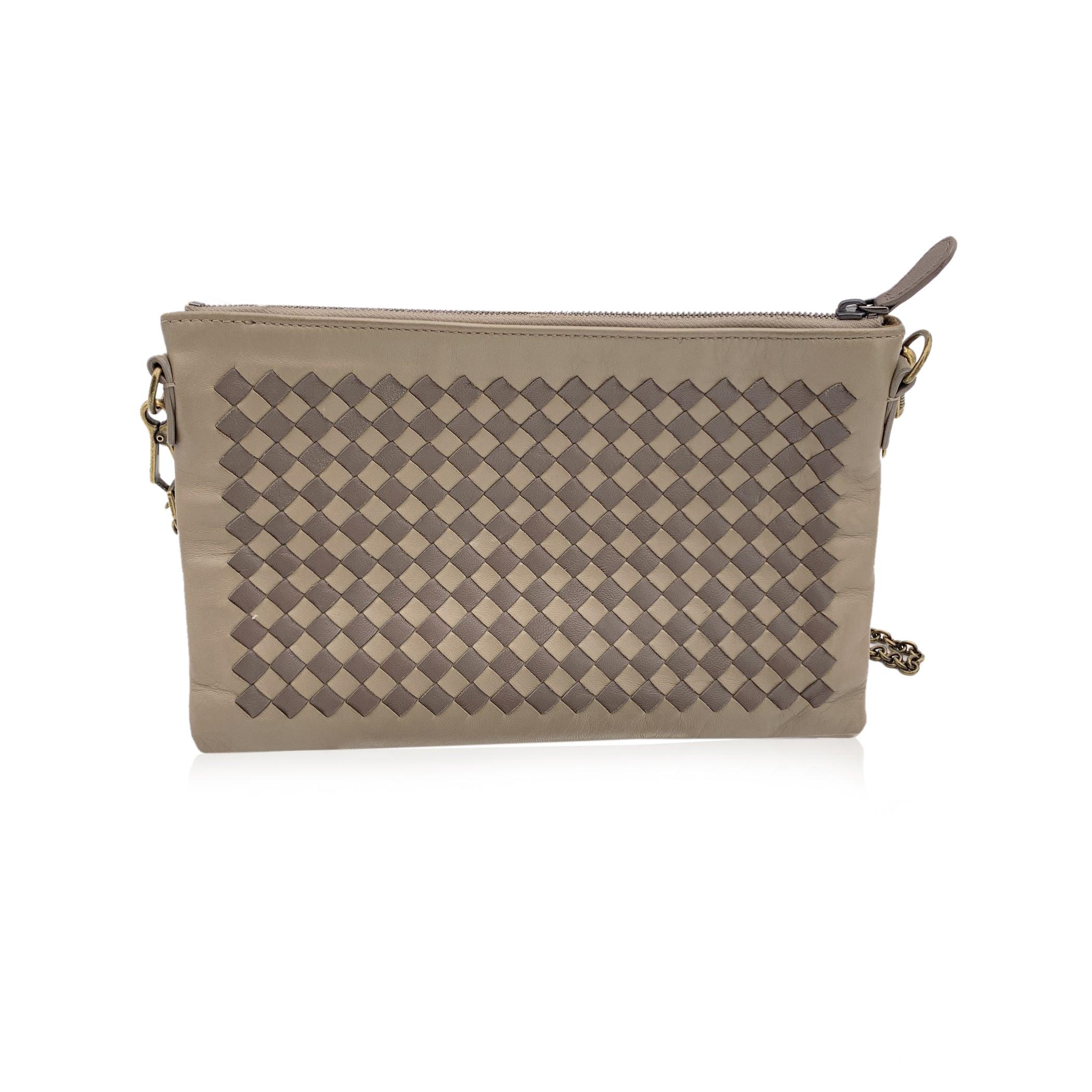 Gray Bottega Veneta Taupe Intrecciato Leather Zip Pouch Shoulder Bag