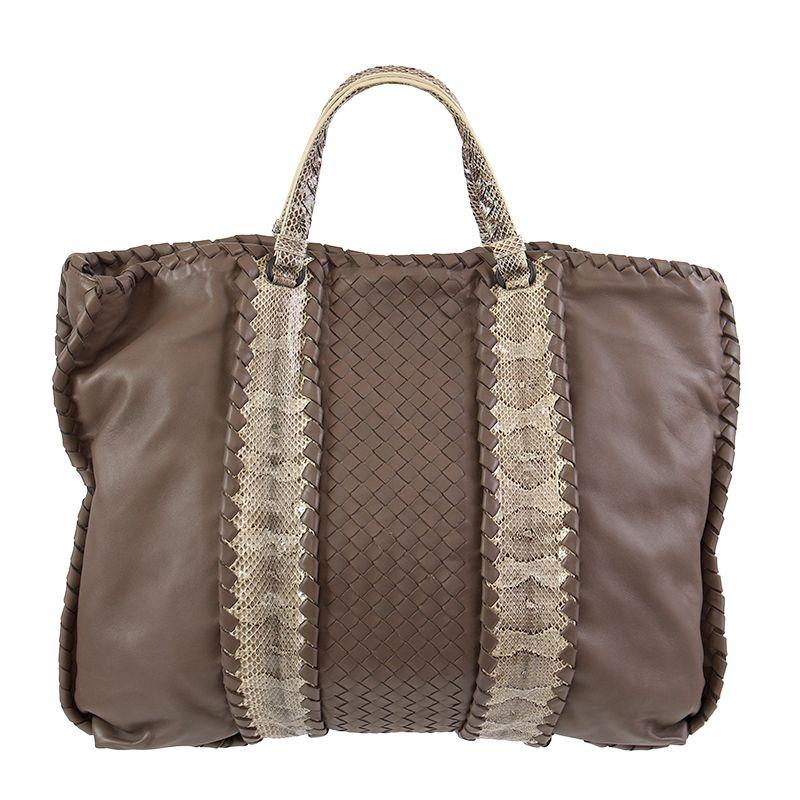 Bottega Veneta intrecciato 'Ayers/Nappa' tote shoulder bag in taupe leather and beige snakeskin. Opens with a magnetic button on top. Lined in suede. With a zipper pocket against the back. Has been carried and is in excellent condition. Comes with a