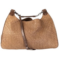 BOTTEGA VENETA taupe leather INTRECCIATO & CROCODILE TRIM HOBO Shoulder Bag