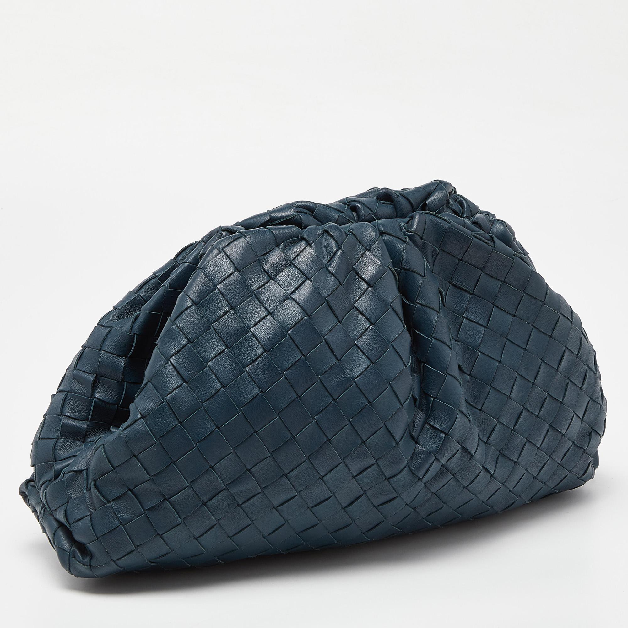 Women's Bottega Veneta Teal Blue Intrecciato Leather Classic The Pouch Clutch
