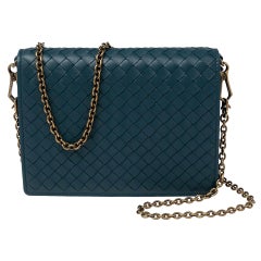 Bottega Veneta Teal Green Intrecciato Leather Flap Chain Bag
