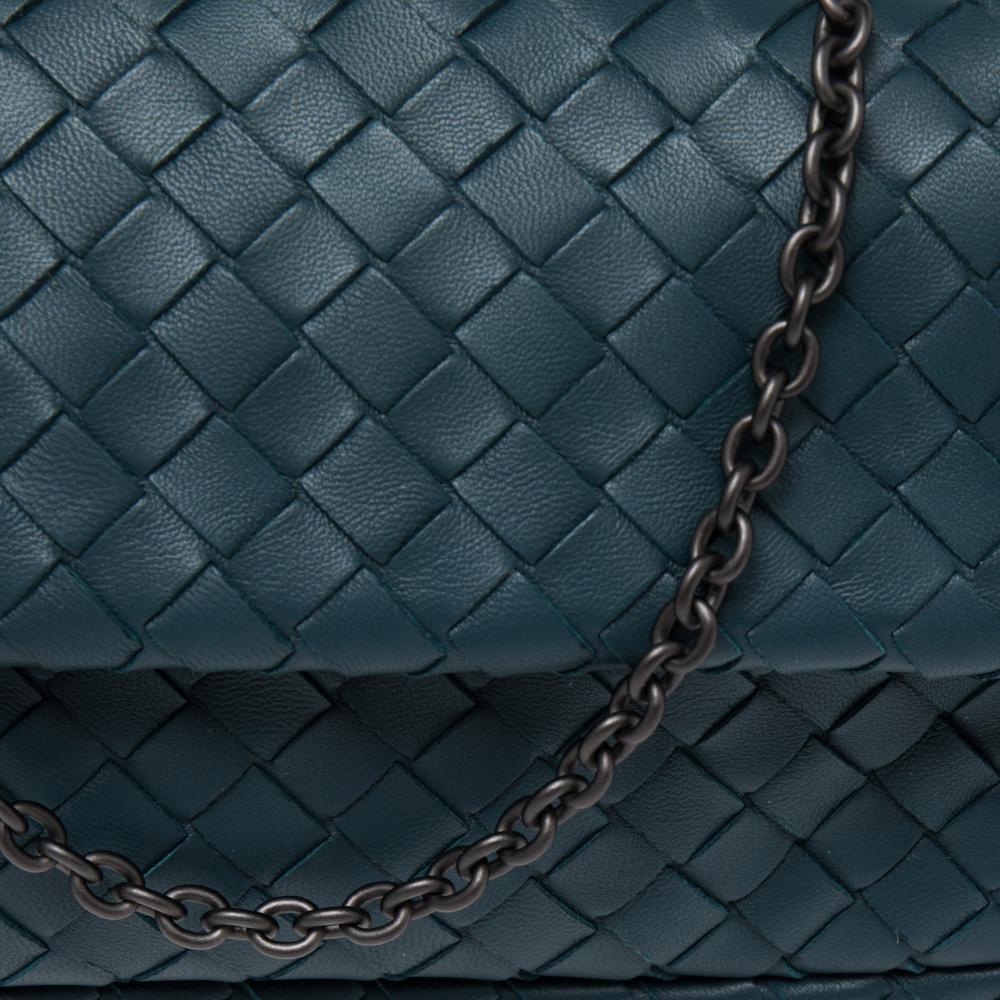 Women's Bottega Veneta Teal Intrecciato Leather Mini Flap Chain Crossbody Bag