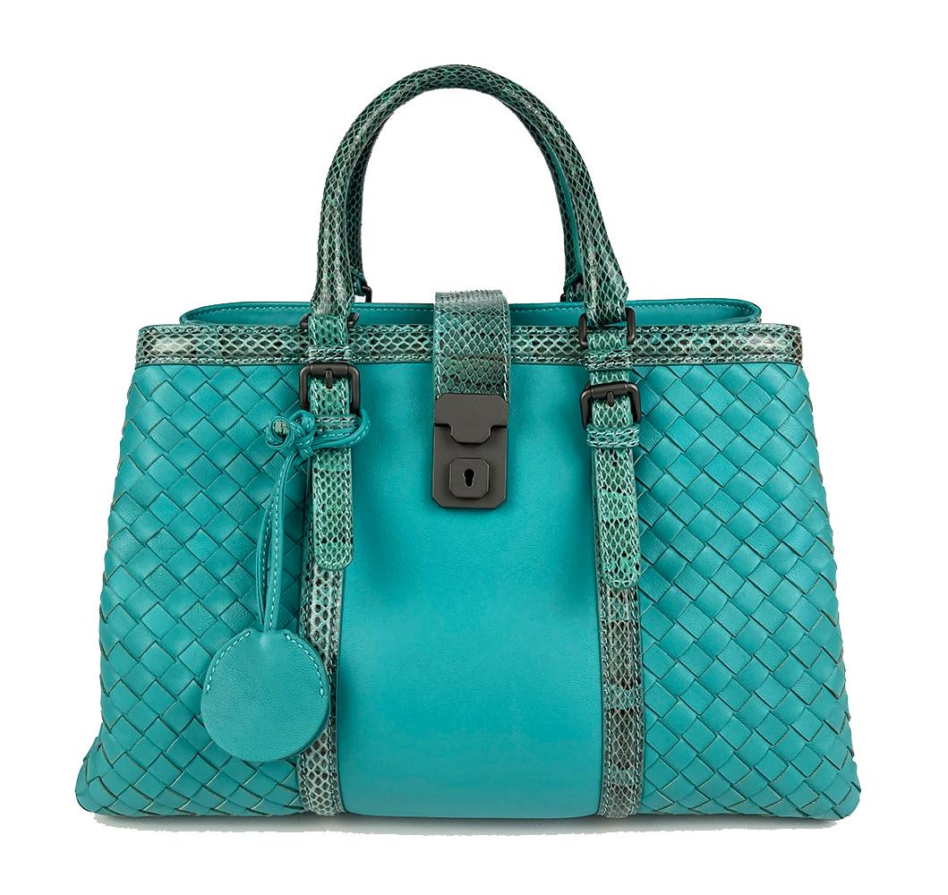Bottega Veneta Teal Nappa Ayers Small Roma Bag in excellent condition. Teal woven and smooth leather with lizard trim and matte gunmetal hardware. Removable shoulder strap. slide lock strap closure opens to 3 separate interior compartments. back