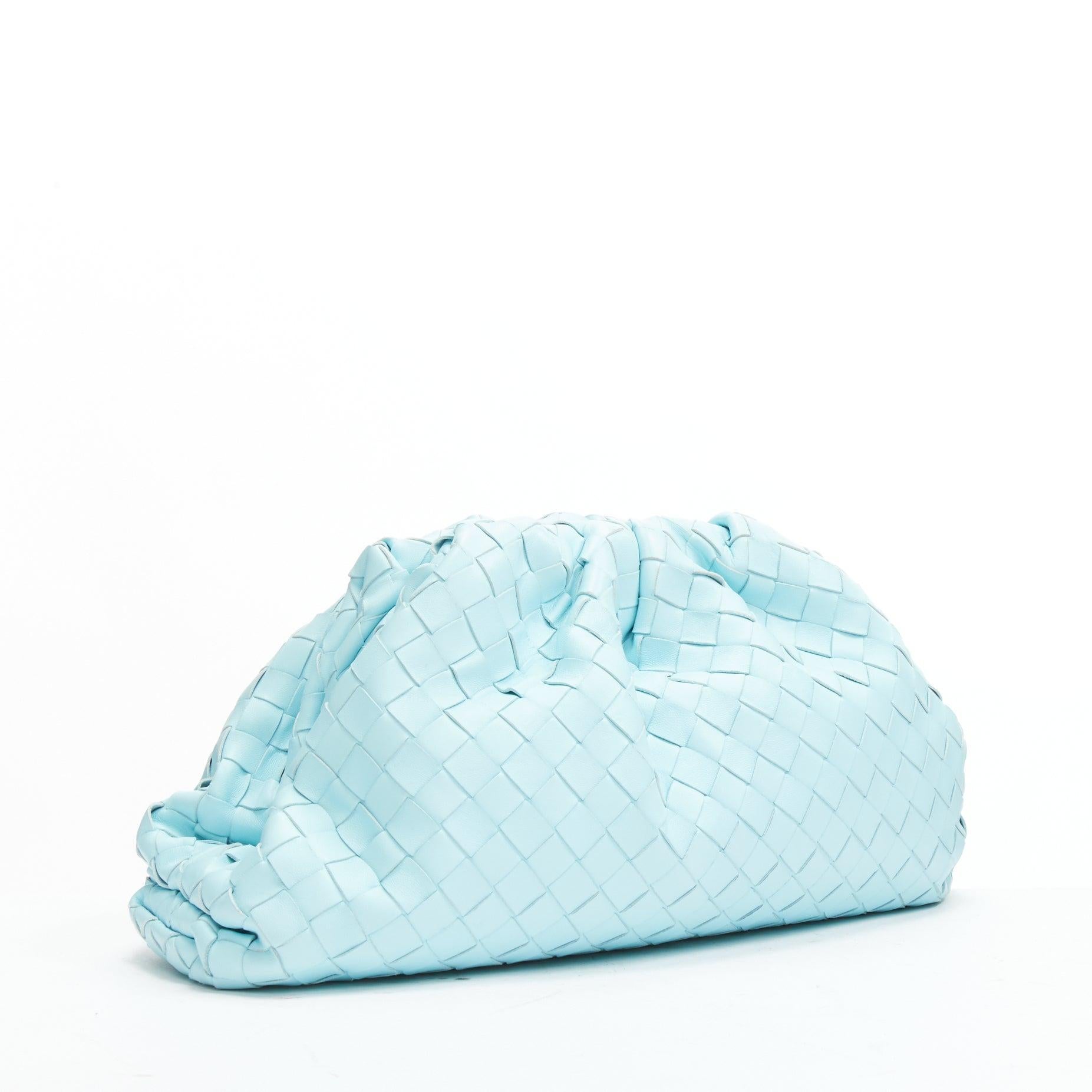 Blue BOTTEGA VENETA The Pouch sky blue Intercciato woven leather magnetic clutch bag For Sale